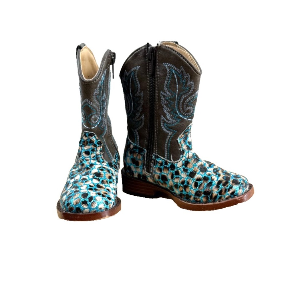 Roper Kids Blue Leopard Glitter Western Cowgirl Boots Square Toe Zipper Size 6